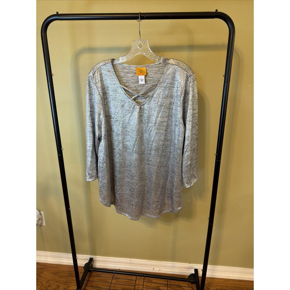 Ruby Rd. Silver Metalliac Snake Print 3/4 Length Sleeve Top Size Large